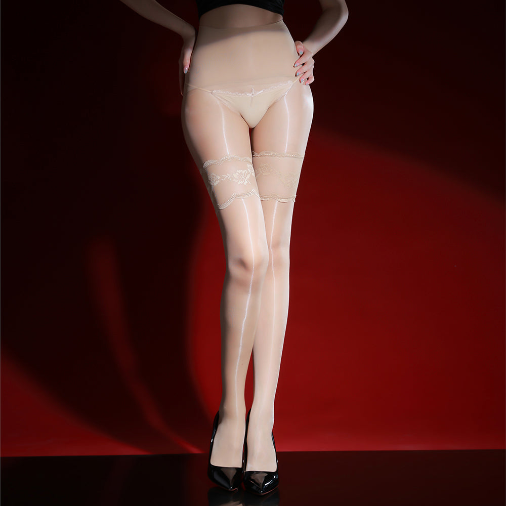 0D Ultra-Sheer Black Pantyhose, Lace Detail, Glossy Silky Finish, Oil-Infused Texture, Sexy Thigh-High Hosiery