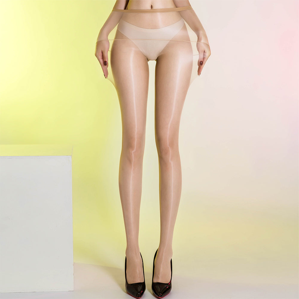 IOO&SILK ultra sheer pantyhose in nude, worn with black pumps, full-length view