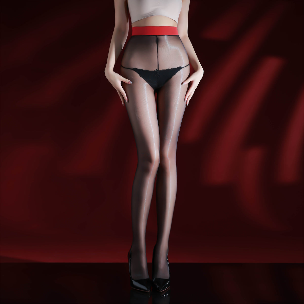 0D Ultra Thin Sheer Black Pantyhose Oil Shiny Glossy Cutout Crotchless Red Waistband Sexy Stockings