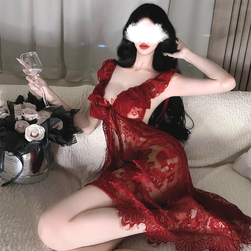 Side angle of sheer nightdress showing flattering plus-size silhouette and lace hem